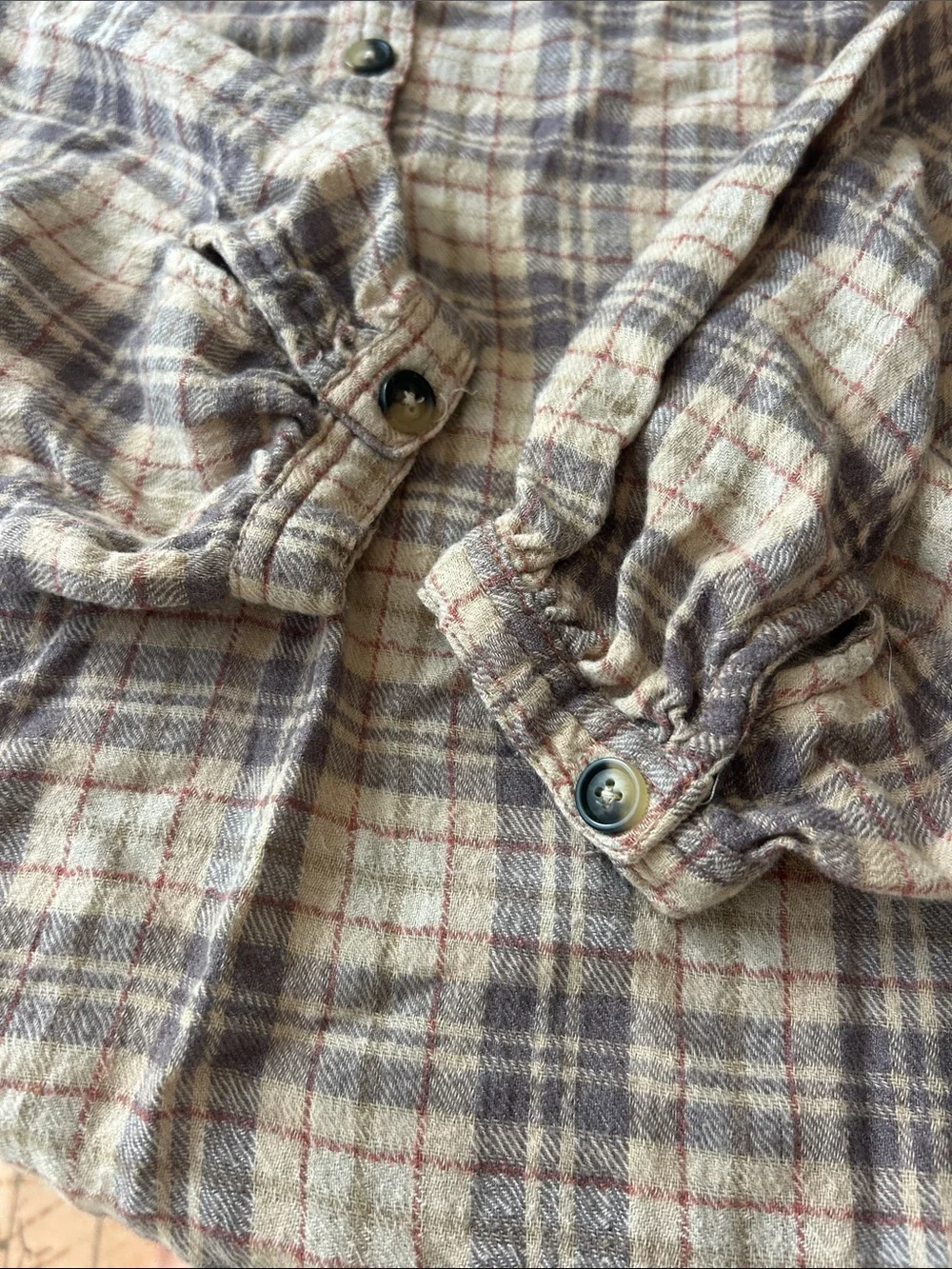 Free People Cream, Beige & Rust Plaid Button-Up Flannel Henley Shirt S